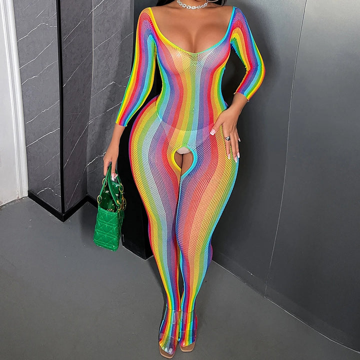 Plus Size  Women's Rainbow Fishnet Bikini Swimsuit Party Clubwear Swimwear Rainbow Long Sleeve Teddy Lingeries Bodysuits  W8231