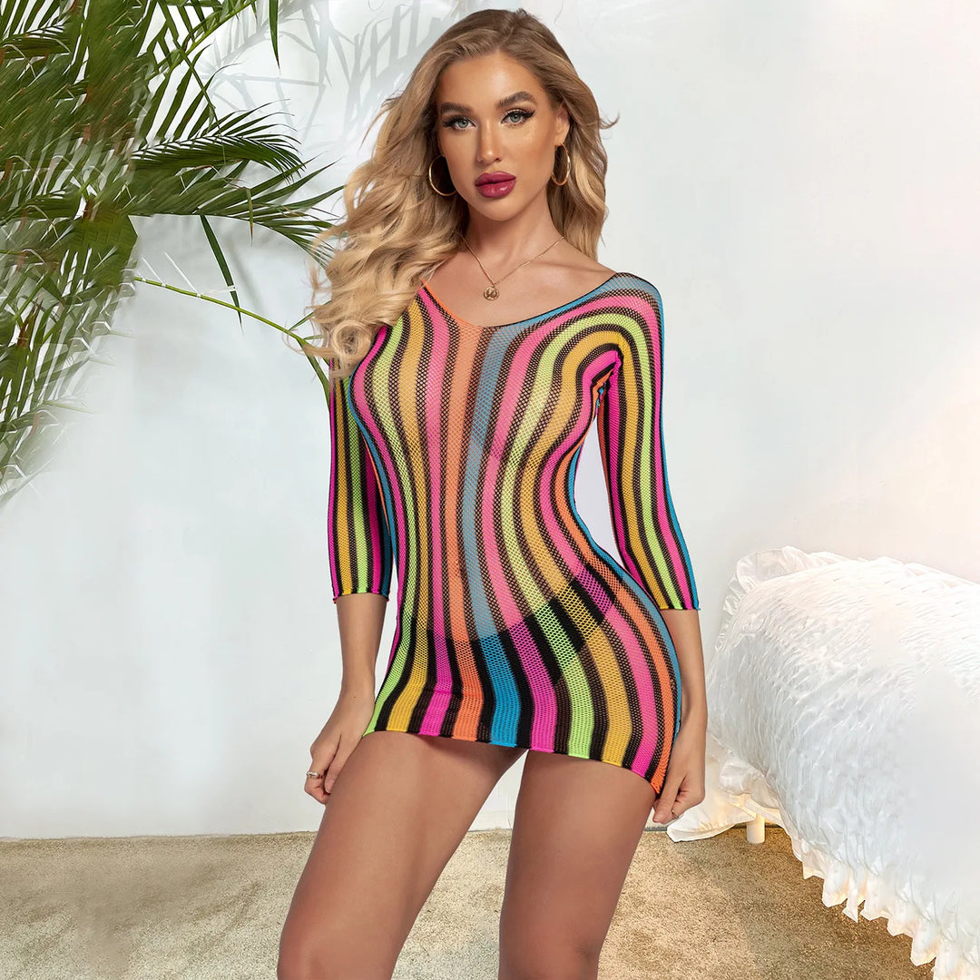 2023 Sexy Bodycon Rainbow Nylon Rainbow Couple Man& Women Dress Bodystocking Lingerie Mesh Body Dress Sleepwear
