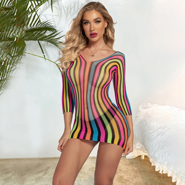 2023 Sexy Bodycon Rainbow Nylon Rainbow Couple Man& Women Dress Bodystocking Lingerie Mesh Body Dress Sleepwear