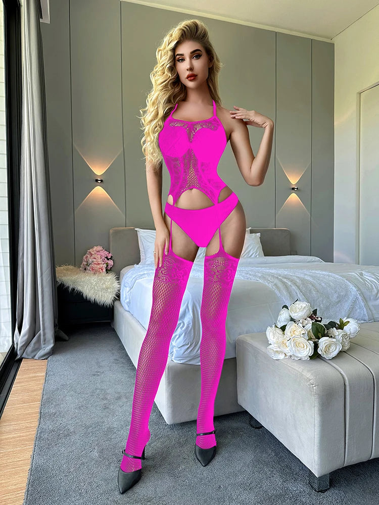 Women Hosiery Mesh Bodysuit Lingerie Femme Sexy Crotchless Garter Belt Body Stocking Sexy  Hollow Out Bodystocking