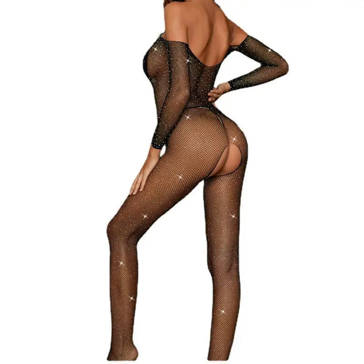 Off Shoulder Rhinestone Bodystocking Sexy Bodycon Jumpsuits for Women Crotchless Lingerie Transparent Bodysuit