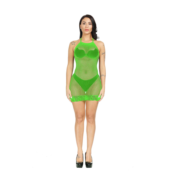 Hot Sales Hollow Out Dress Black Lace Hem Bodysuit Sheer Lingerie Femme Sexy Crotchless Bodystocking Fishnet Dress