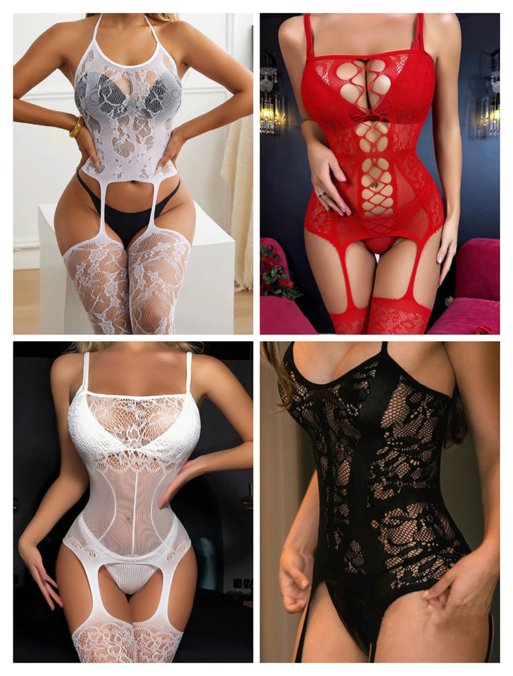 Wholesale Full Body Lace See Through Bodystocking Lingerie Femme Sexy Garters Belt Stockings Mature Girls Mesh Romper
