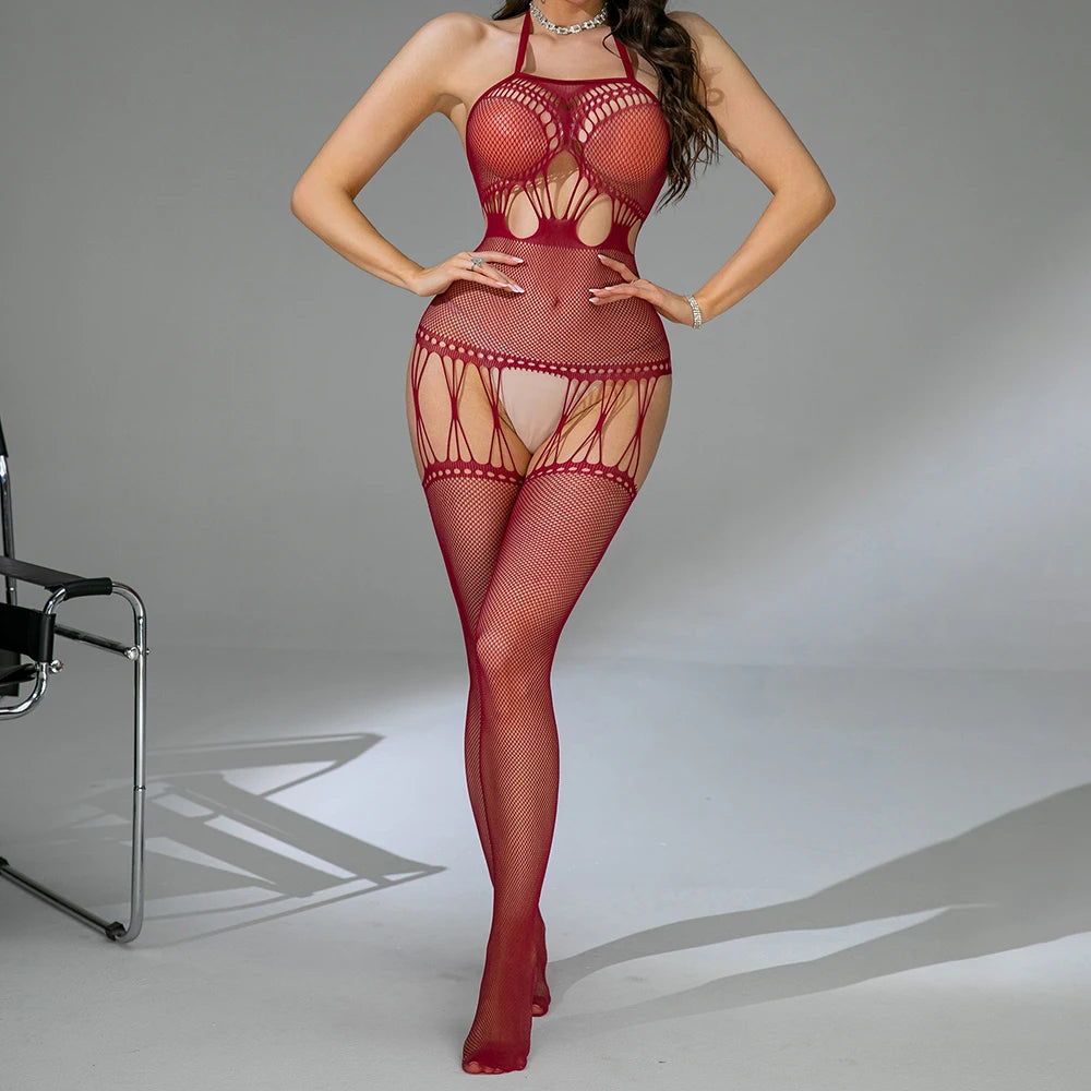 Nuisette Hollow Out Fishnet Body Stocking Plus Size Sexy Garters Belt Stockings Women Sexy Crotchless Exotic Lingerie