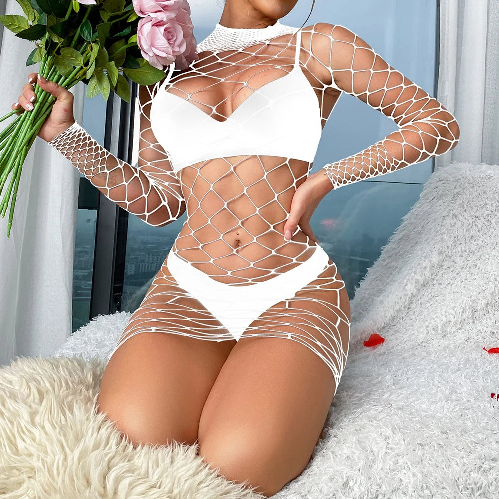 Plus Size Sexy Lingerie Dress Women's Wholesale Fishnet Body Doll Teddy Dress 2024 Femme Lingerie Sexy Mesh Bodysuit