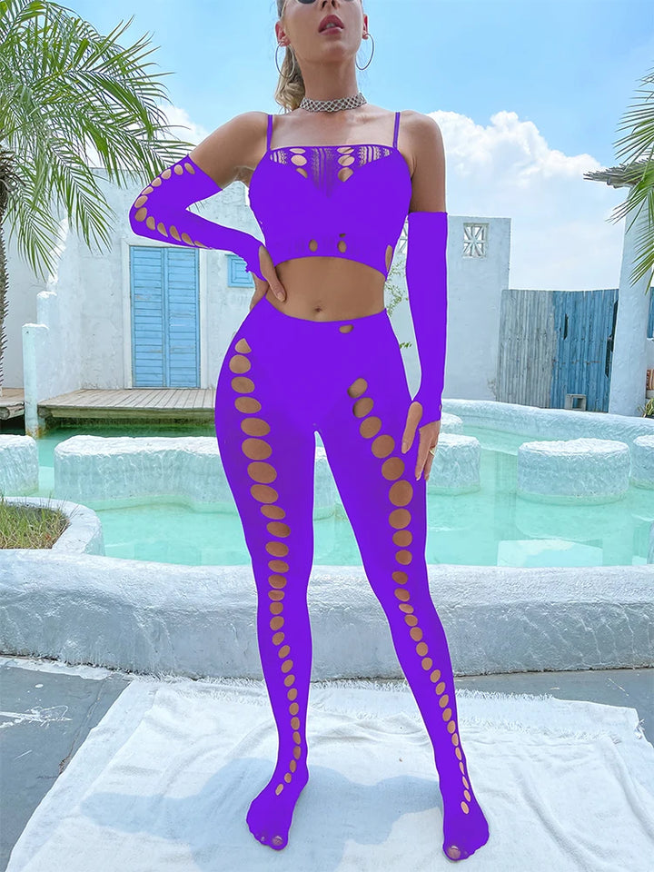 2024  Summer  Hawaiian Vacation  Beachwear Cuffs Halter Ups Thigh-high Pantyhose Set Big Hole Sheer Fishnet Body Stocking