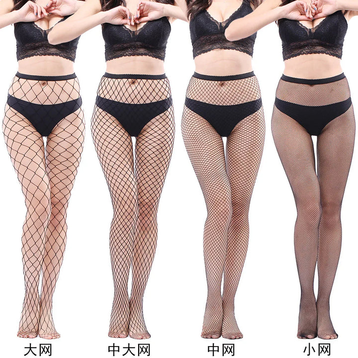 Women's Sexy Black Mesh Pantyhose Middle Mesh Fishnet Punk Dress Sexy Lingerie Nylon Hollow Out Pantyhose