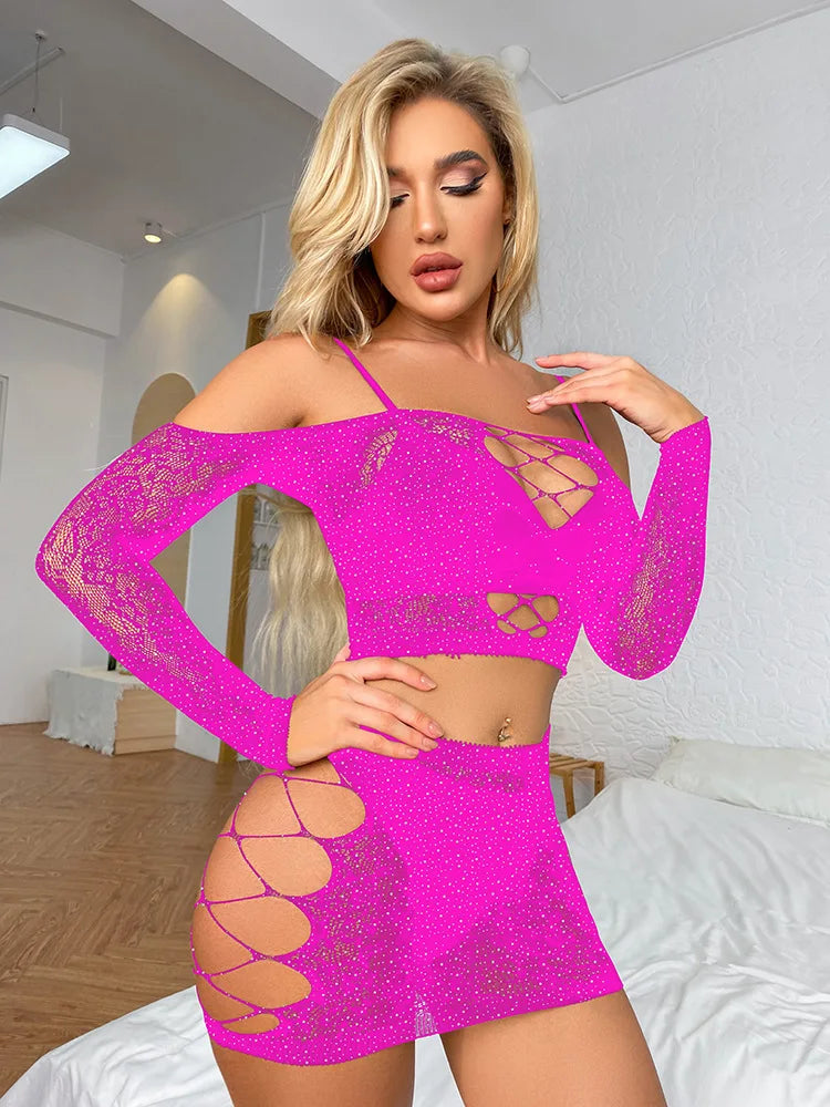 Rhinestone Stocking Women Sexy Two Piece Set Women Clothing Mesh Sheer Erotic Lingerie Dress Girls Sexy Babydoll Dress