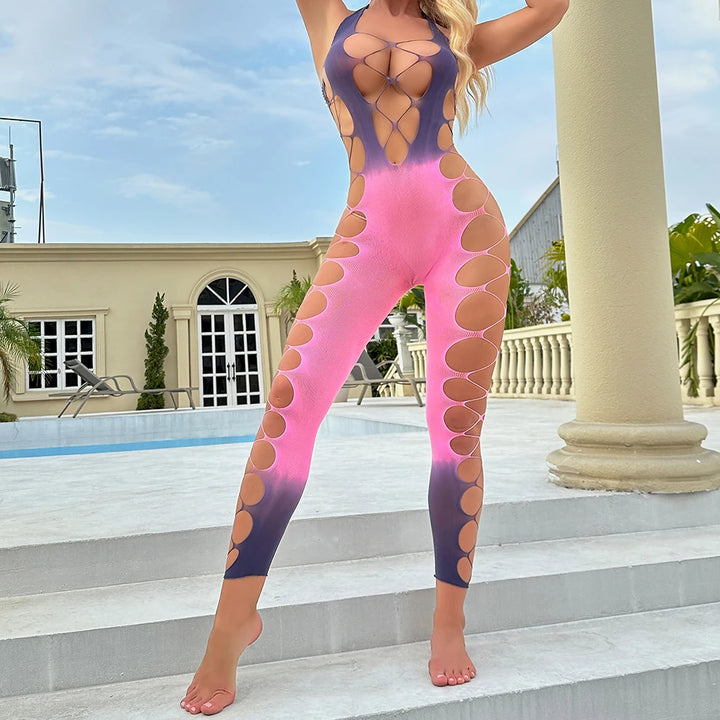 Hot Stylish Tie-dye Women's Clothing Hollow Out Body Stocking Lingerie Femme Sexy Gradient Color Bodysuit Teddy Dress