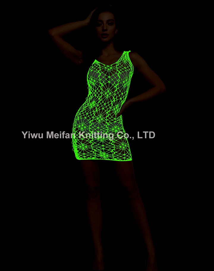 Sexy Nightwear Dress Glow in the Dark Fishnet Stockings Hollow Luminous Glowing High Waist White Fishnet Glowing Party
