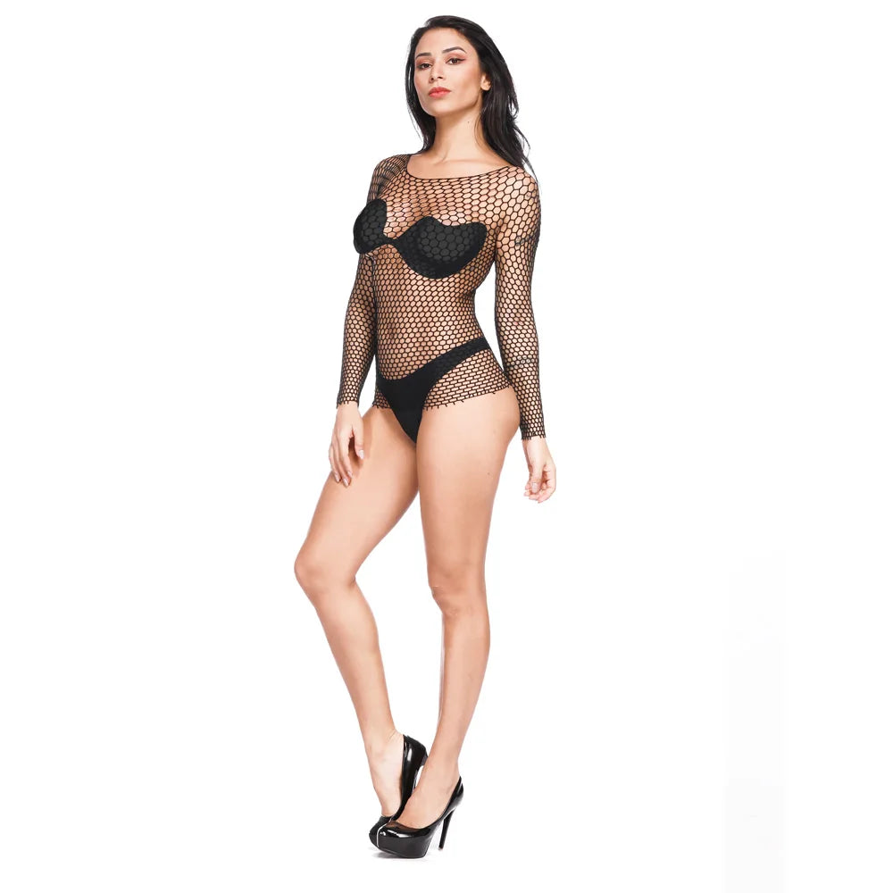 2025 Mesh See Through Hollow Playsuit Lingerie Women Sexy  Long Sleeve Skinny Halter One Piece See Through Cover up Dress