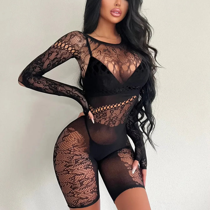 Sexy Bodystocking Dress Long Sleeve One Piece Jumpsuit Exotic Dancer Outfits Fishnet Bodysuit