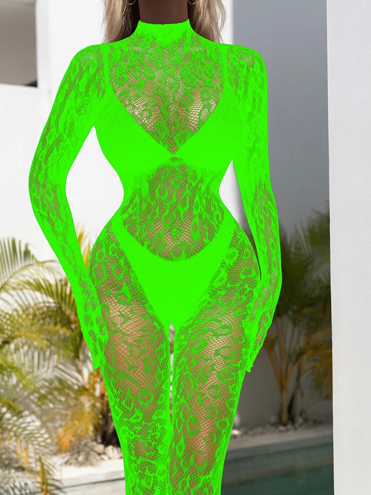 2024 New Sexy Fishnet Bodystocking Leopard Long Sleeve One Piece Set See Through Club Wear Body Stocking Underwear
