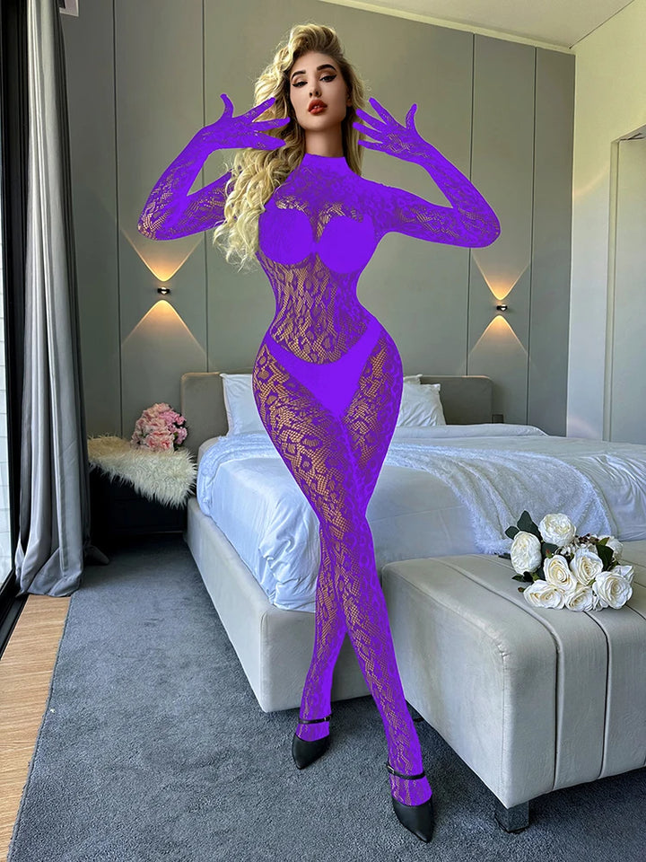 Wholesale New Leopard  Sexy Fishnet Bodystocking  Long Sleeve Bodysuit With Backless Design See Through One Piece Jumpsuit Women