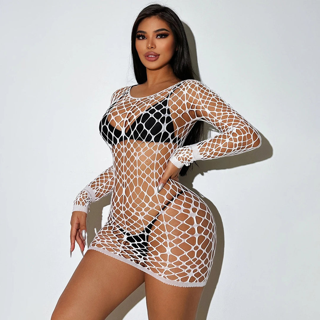 Thorns Hollow Out Mini Dress Full Sleeve Fishnet Dress Women Hawaii Beach Swimsuit Sexy Erotic Lingerie Femme Sexy Hot