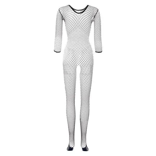 Sexy Fishnet Full Body Stockings Long Sleeve Mesh Bodysuit Night Club Open Crotch Erotic Lingerie Women Clothing