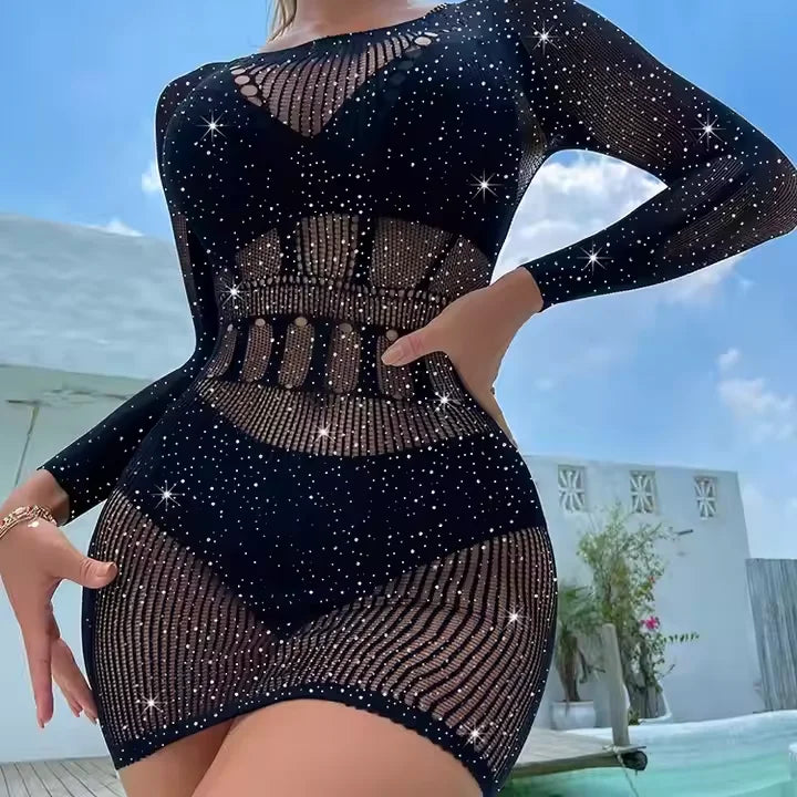 2024 New Product Fishnet Seamless Bodystocking Long Sleeve Small Net Bodysuits Nightwear Catsuit Erotic Dress Tz595
