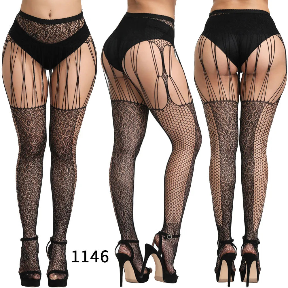 2023 Suspender Pantyhose Attached Stockings Fishnet Lace Thigh High Garter Belt Stockings Women's Exotic Lingerie Woman