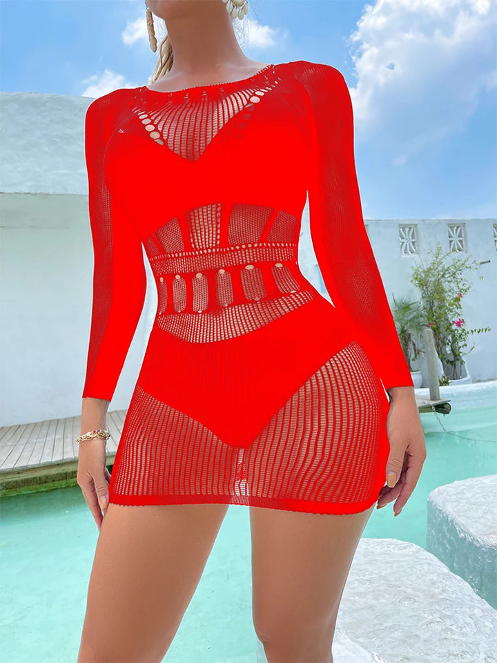 Long Sleeve Women Sexy Fishnet Dresses Mature Sexy Lingerie Femme Sexy Lace Jacquard Strapper Outfits Catsuit Costumes