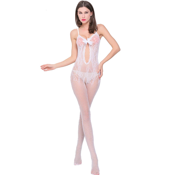 2024 Hot Sale Womens One Size Fishnet Bodystockings Striped Lingerie Crotchless Bodysuits Tights Suspenders Black