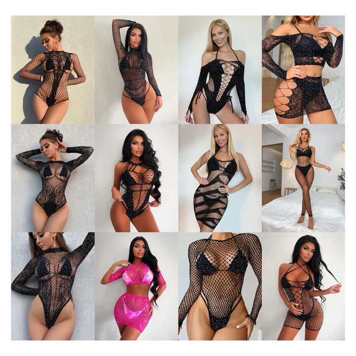 One Piece  Hollow Out Fishnet See Through Rhinestone Lingerie Cut-out Drill Cross Top Crystal Sleeveless Dress Bodystockings