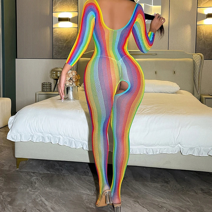 Plus Size  Women's Rainbow Fishnet Bikini Swimsuit Party Clubwear Swimwear Rainbow Long Sleeve Teddy Lingeries Bodysuits  W8231