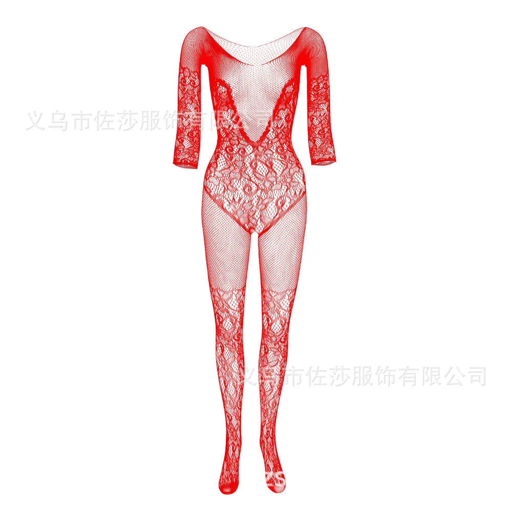 Woman Sexy Lace Lingerie Stockings Bodysuits See Through Sheer Erotic Outfits Fishnet Sock Pantyhose Strip Dance Role-play