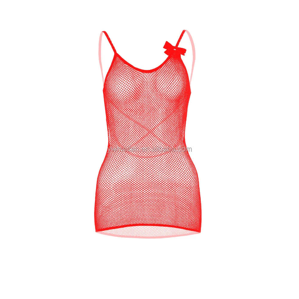 Hot Sales Women Sexy Fishnets Designer New Solid Color Mesh Lingerie With Bow Strap Cutout Bodystocking Dresses