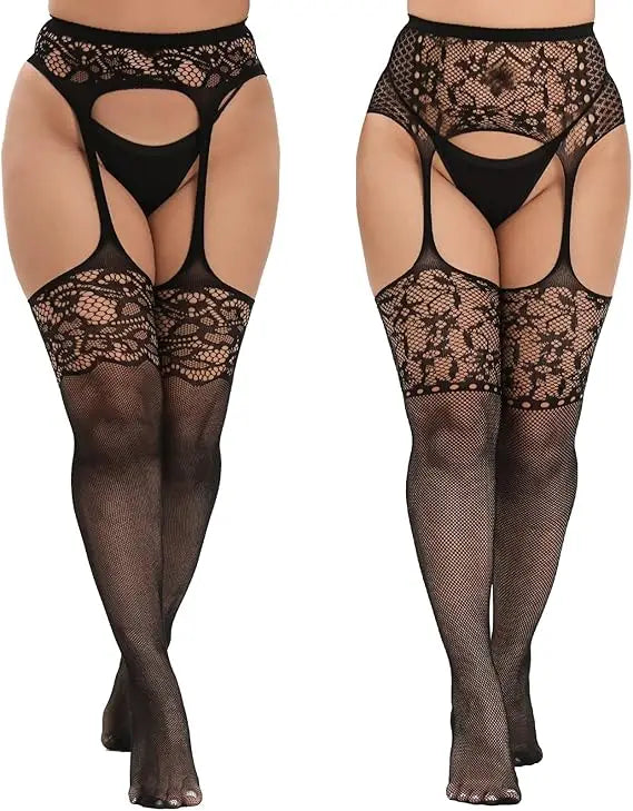 2025 Plus Size XXL High Quality Thigh High Fishnet Stockings Suspender Patterned Tights Women Fish Net Lace Top Pantyhose