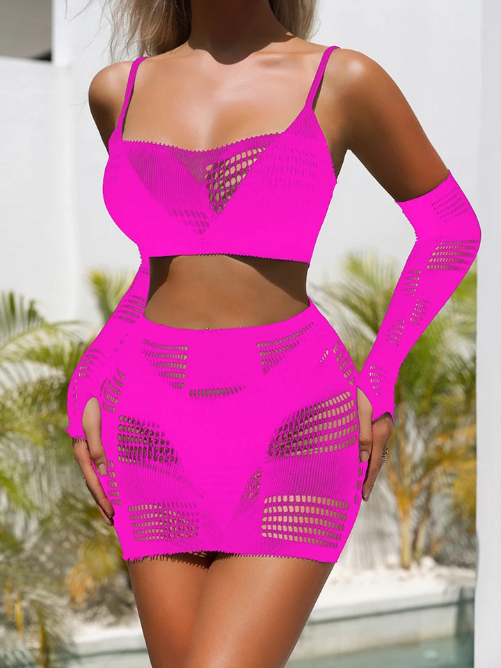 Hollow Out Fishnet Jumpsuit Three Piece Set Women's Clothing Plus Size Chemise Sexy Erotic Lingerie Bodystocking Dress