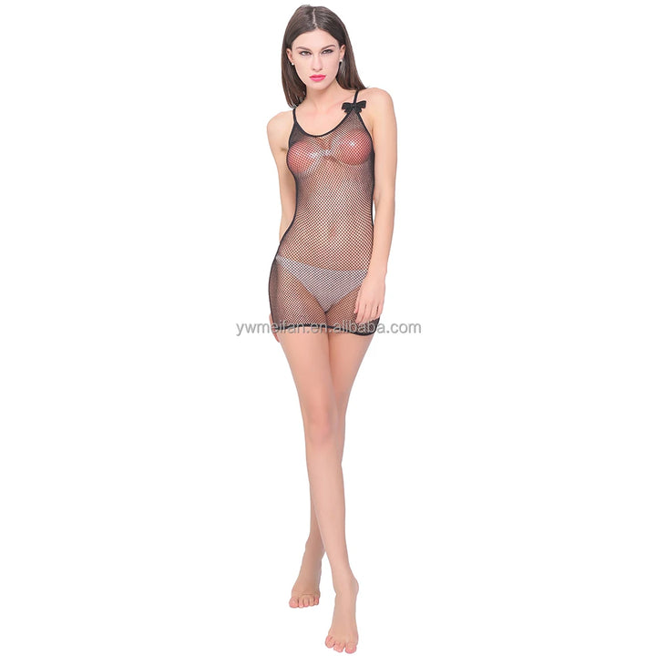 Hot Sales Women Sexy Fishnets Designer New Solid Color Mesh Lingerie With Bow Strap Cutout Bodystocking Dresses