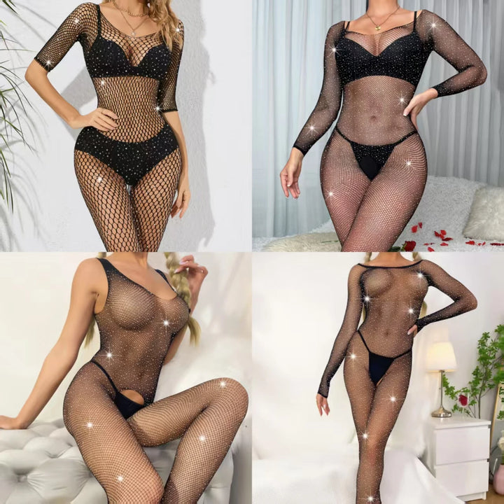 Rhinestone Bodystocking for Women Sexy Glitter Shiny Fishnets Bodysuit Black Diamond Jumpsuit Tights Mesh Lingerie