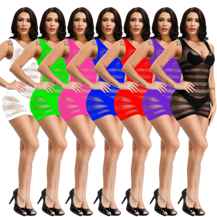Hallow Out Bodystocking Fishnet Bodycon Midi Dress Chemise See Through Lingerie Set Exotic Dancewear Body Mesh Lingerie