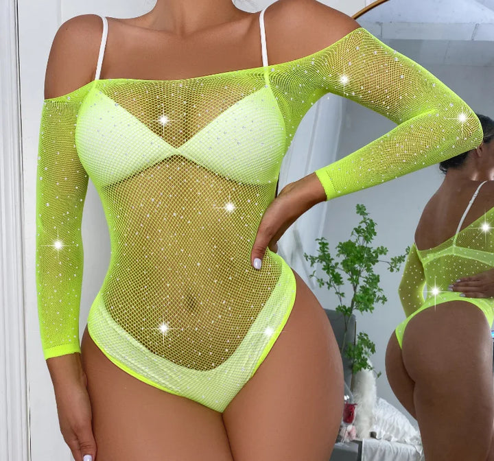 2024 Fishnet Crystal Rhinestone Body Stocking Jewelry Lingerie Long Sleeve Bodysuits Sexy Club Bodycon Dress