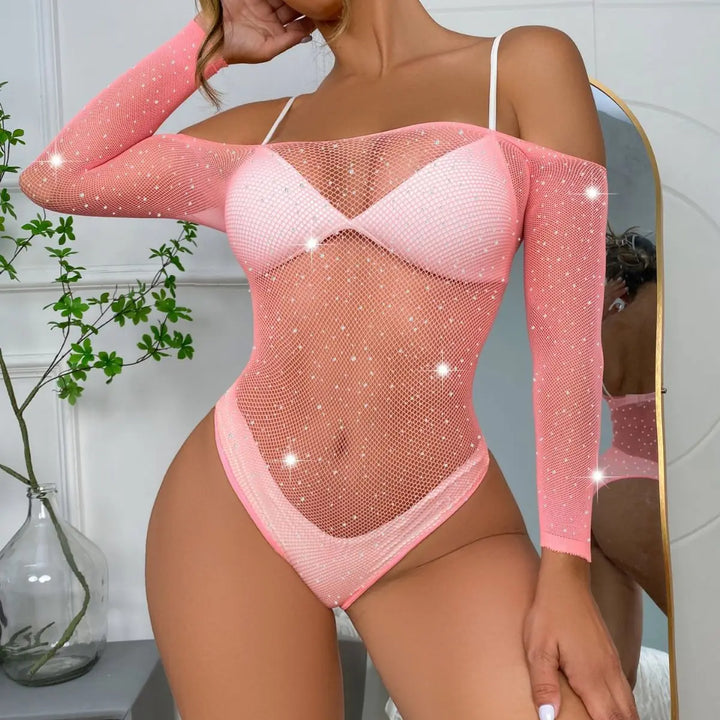 Plus Size Women Sexy Mesh Lingerie Fishnets Sheer See Through Erotic Bodycon Glitter Rhinestone Shinny Tz470