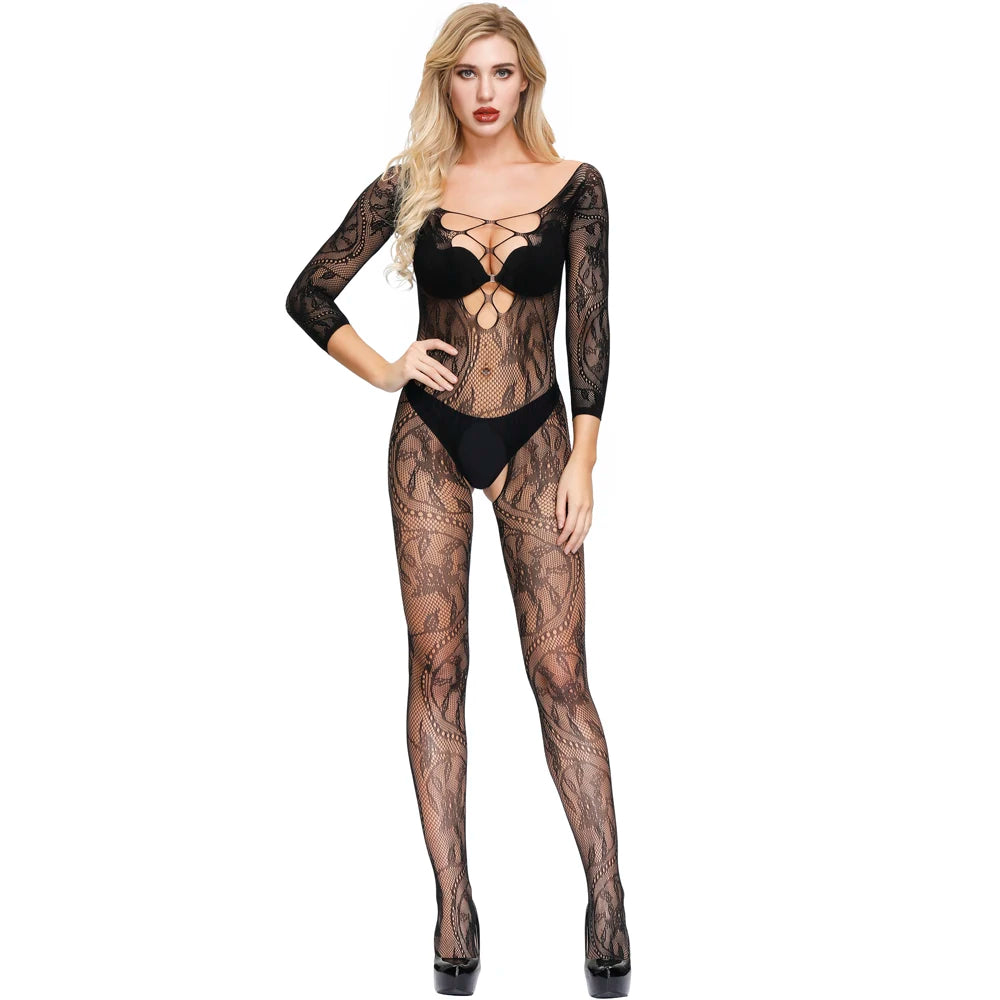 Hollow Out Nylon Hosiery Stockings Full Body Women's Sexy Baby Doll Black Lace Cutout Transparent Bodystocking Femme