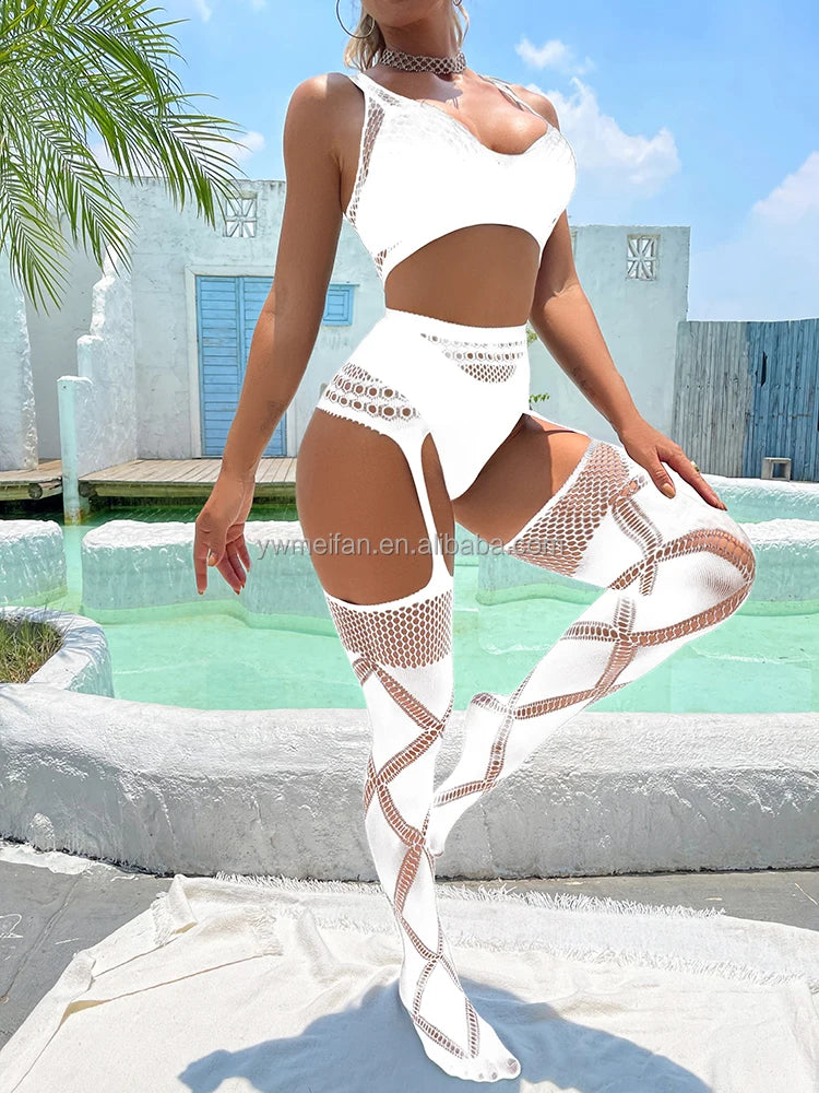 2pcs Sets Fishnets Bodystocking Sexy Cutout Tops/Tights Bodysuit Geometric Fishnets Bodysuit Sexy Suspender Pantyhose