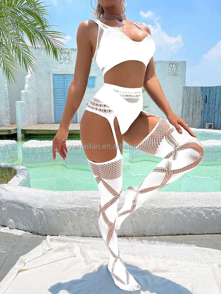 2pcs Sets Fishnets Bodystocking Sexy Cutout Tops/Tights Bodysuit Geometric Fishnets Bodysuit Sexy Suspender Pantyhose