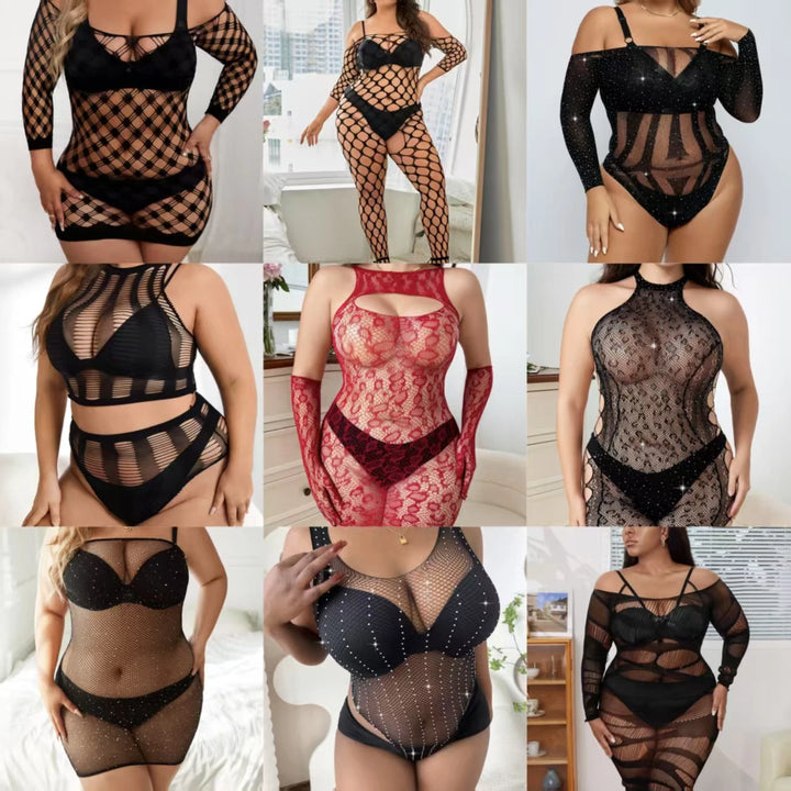 Wholesale Plus Size Sexy Hot Fishnet Bodystocking Lingerie Black Transparent Lace Bow Decoration Sizes XL 3XL for Fat Women ODM