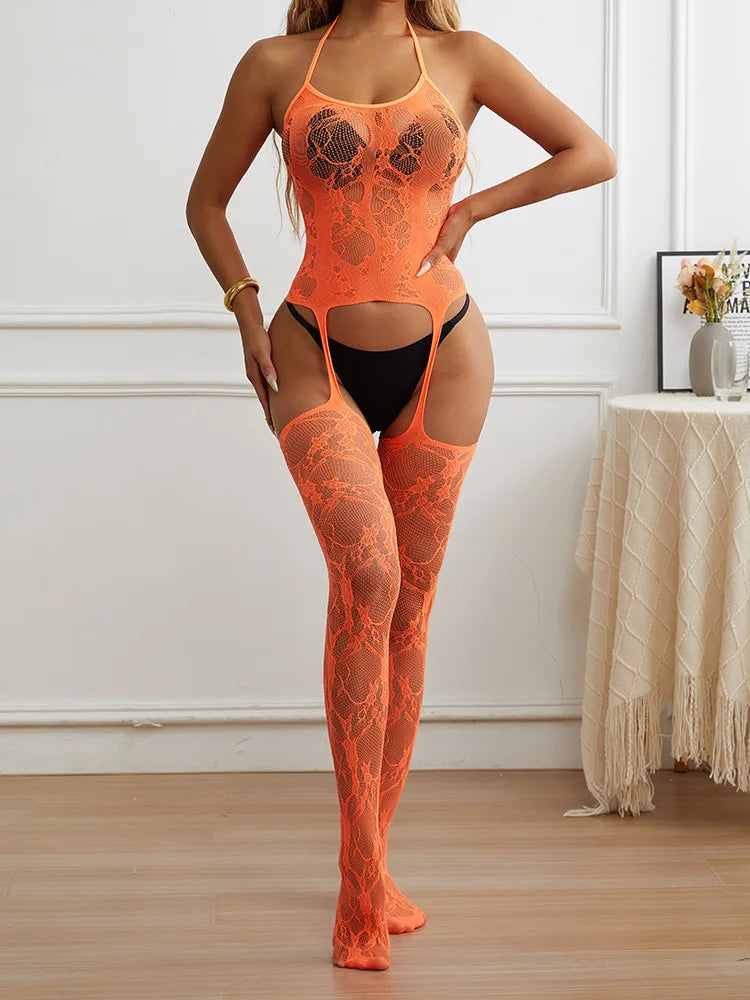 Full Body Lace Cutout Transparent Bodystocking Lingerie Femme Sexy Floral One Piece Bodysuit Nuisette Sexy Lingerie