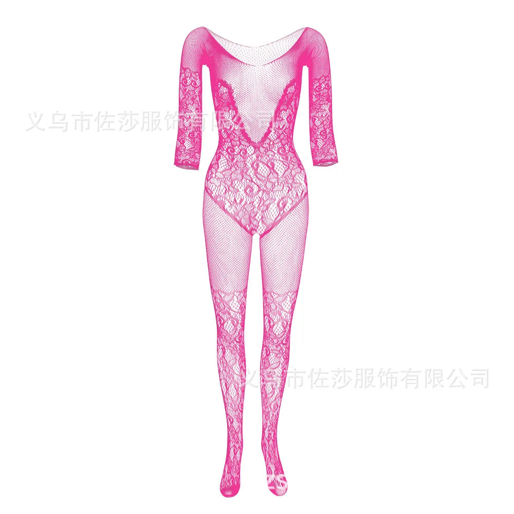 Woman Sexy Lace Lingerie Stockings Bodysuits See Through Sheer Erotic Outfits Fishnet Sock Pantyhose Strip Dance Role-play