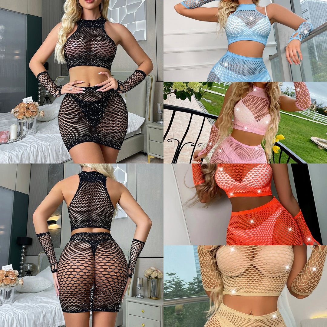 Crystal Rhinestone Body Stocking Lingerie Dress with Gloves Sexy Nightclub Rhinestone Stocking Womens Sexy Lingerie