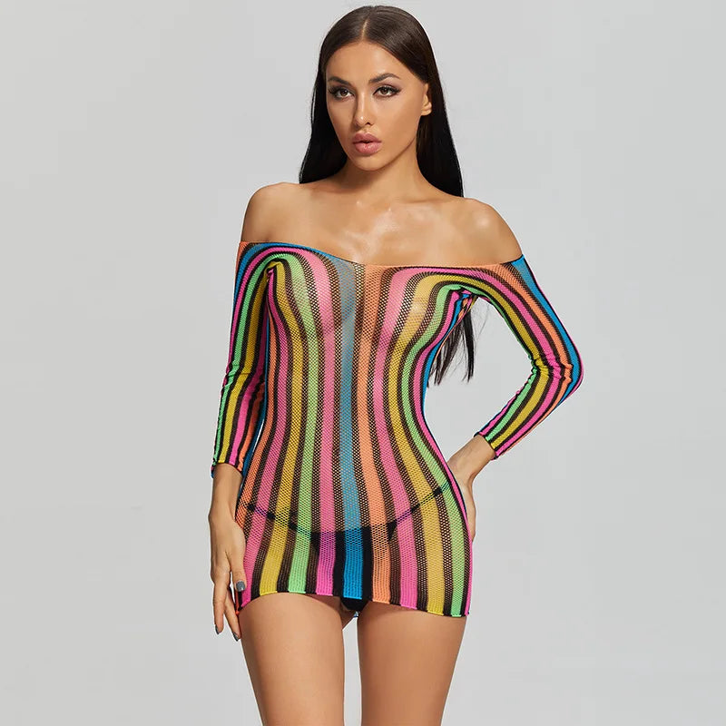2023 Sexy Bodycon Rainbow Nylon Rainbow Couple Man& Women Dress Bodystocking Lingerie Mesh Body Dress Sleepwear