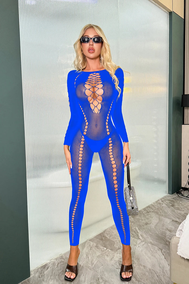 Long Sleeve Body Stocking  Women Fishnets Jumpsuit Off Shoulder Transparent Sexy Lingerie Hollow Out Chest K038