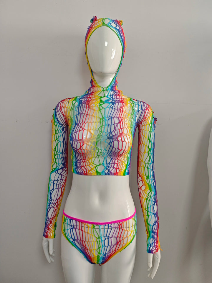 Plus Size  Women's Rainbow Fishnet Bikini Swimsuit Party Clubwear Swimwear Rainbow Long Sleeve Teddy Lingeries Bodysuits  W8231
