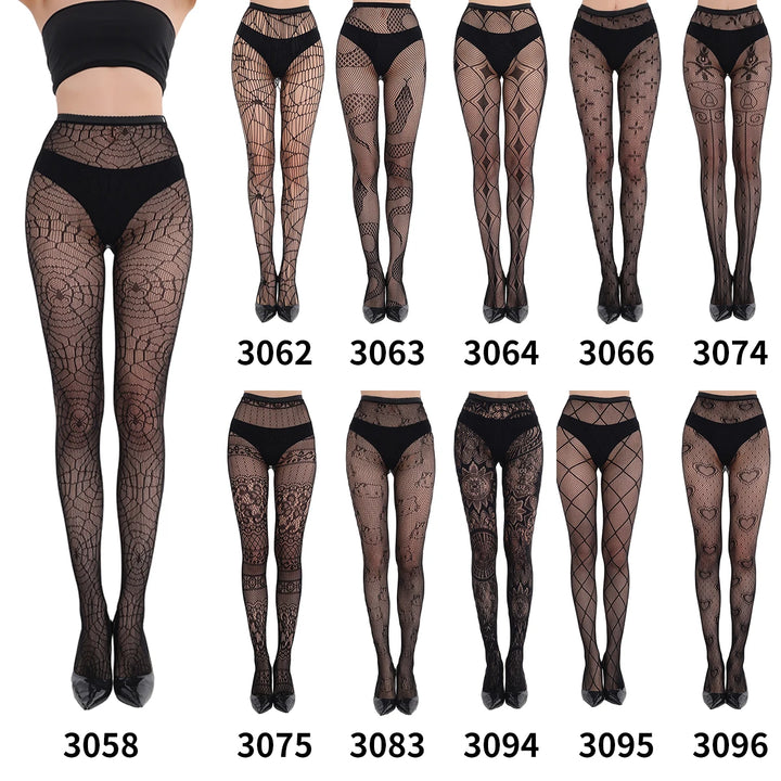 Women Net Tights Hollow Pantyhose Ladies Spiderweb Skull Leopard Mesh Fishnet High Stockings for Halloween Party Dress up