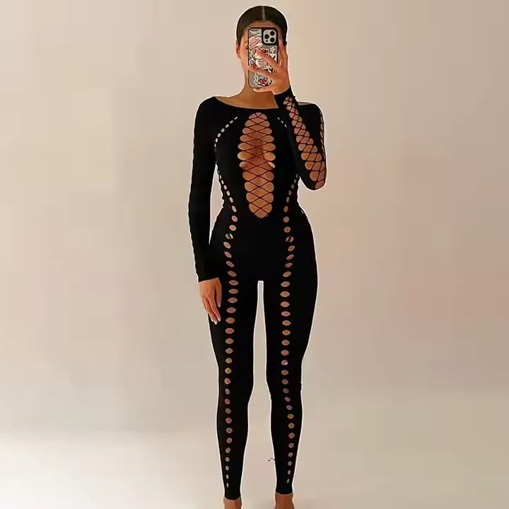 Sexy Mesh Jumpsuits Women Hipster Party Hollow Out Cleavage Full Sleeve Skinny Overalls Female Autumn Midnight Clubwear  K038