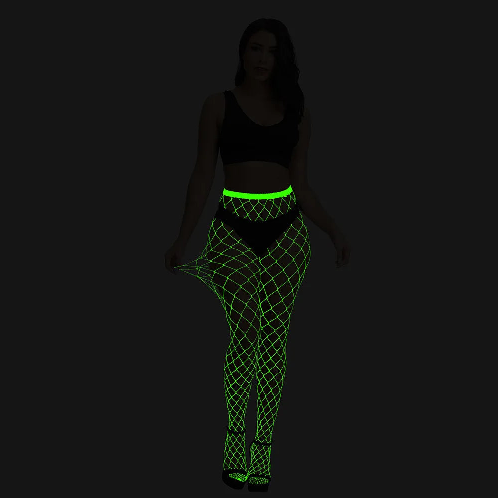 Sexy Stockings Glow in the Dark Women High Quality Fishnet Skinny Luminous Tight Pantyhose Hollow Out High Thigh Dancewear
