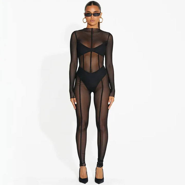 2024 New Trendy Women Bodysuits Stretch Black Mesh One Piece Playsuits Ladies Mesh Fashion Sexy See Through Rompers for Women