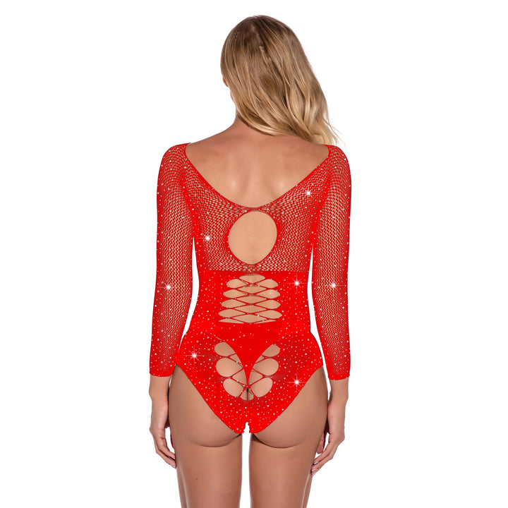 Rhinestone Fishnet Bodystocking See Through Women Sexy Lingerie  Long Sleeve One Piece Jumpsuit Women's Party Wear Dress